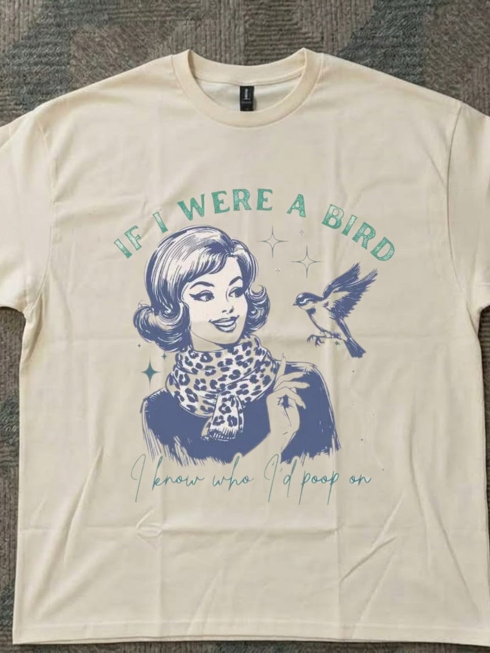 Cream Graphic Bird Tee with Green & Navy Design